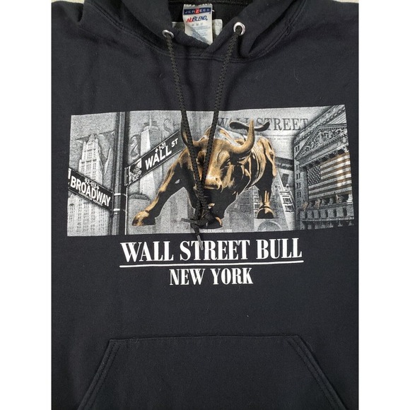 Wall Street Bull Hoodie Men Medium Black Stock Market New‎ York Print Pullover - Picture 3 of 10